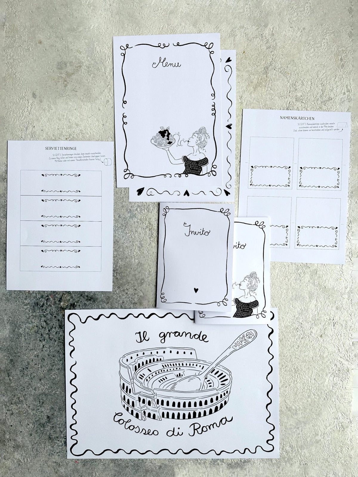 Alles für ein Abendessen mit Freunden: Einladungen, Namenskärtchen, Tischsets, Serviettenringe und Menükarten
